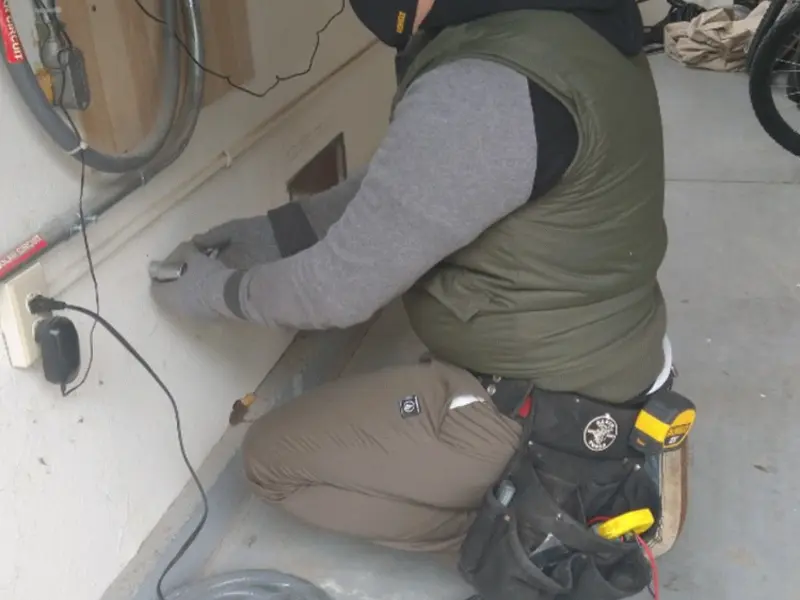 Electrician performing outlet wiring in a West Warwick garage